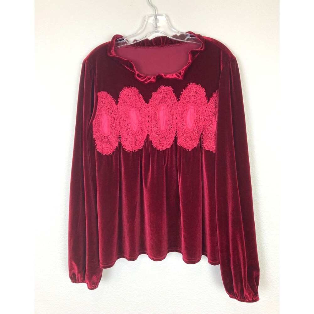 Dark Red Velvet Tunic Blouse Size L Crochet Boho Whimsigoth Balloon Sleeves